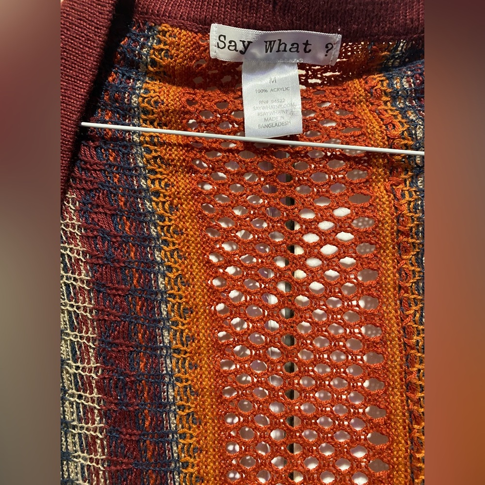 Burgundy and Orange Multicolor Fringe Poncho -Medium - Picture 2 of 3